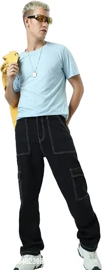 Stylish Black Denim Cargos For Men-thumb0