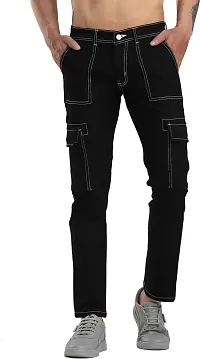 Stylish Black Denim Mid-Rise Cargos For Men-thumb2