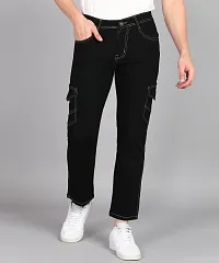 Stylish Black Denim Solid Cargos For Men-thumb2