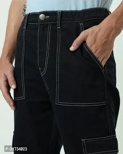 Stylish Black Denim Solid Cargos For Men-thumb3