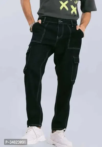 Stylish Black Cotton Blend Cargos For Men-thumb0