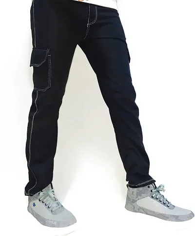 Stylish Black Polyester Blend Mid-Rise Cargos For Men