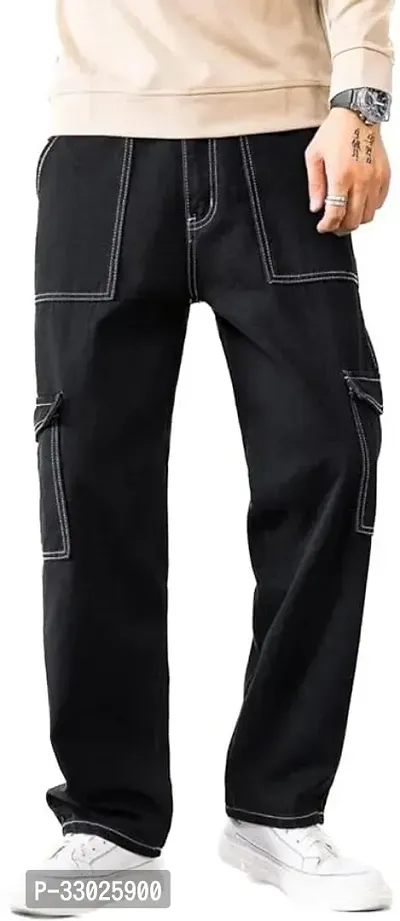 Stylish Black Cotton Blend Mid-Rise Cargos For Men-thumb0