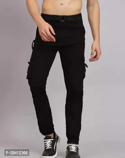 Stylish Black Cotton Blend Regular Fit Solid Cargo Pant For Men-thumb0