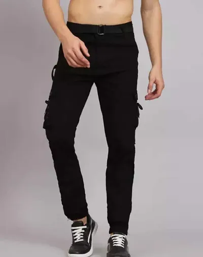 Stylish Black Cotton Blend Regular Fit Solid Cargo Pant For Men