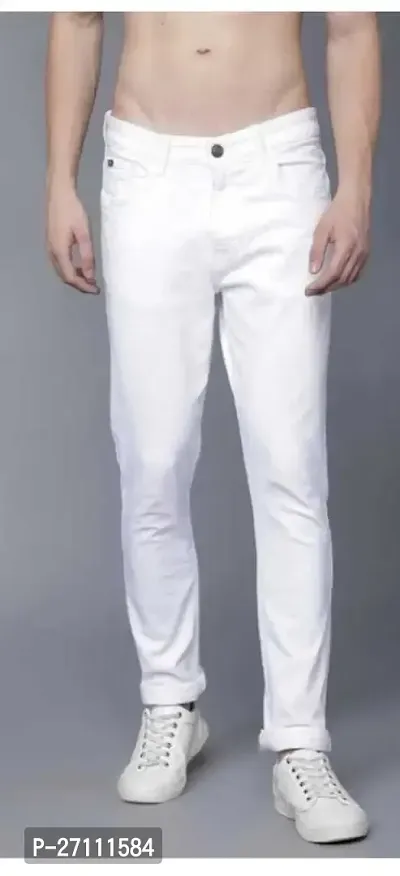 Stylish White Cotton Blend Mid-Rise Jeans For Men-thumb0