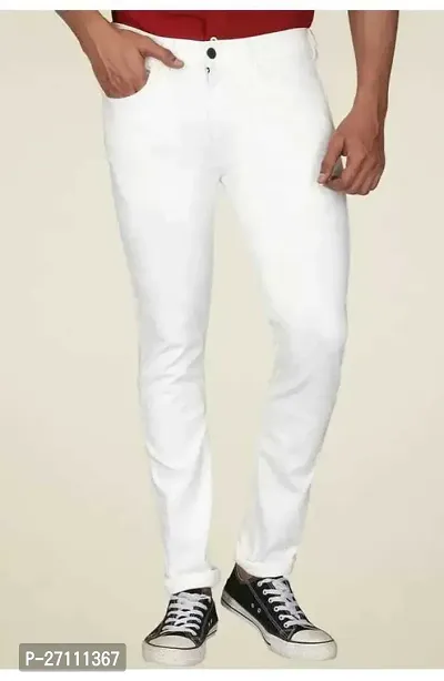 Stylish White Cotton Blend Mid-Rise Jeans For Men-thumb0