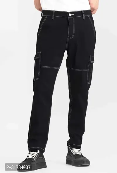 Stylish Black Cotton Blend Solid Cargos For Men