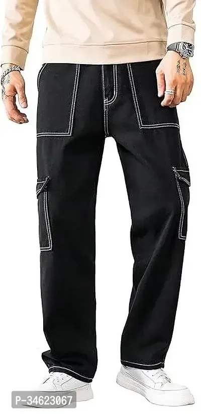 Stylish Black Denim Cargos For Men-thumb0