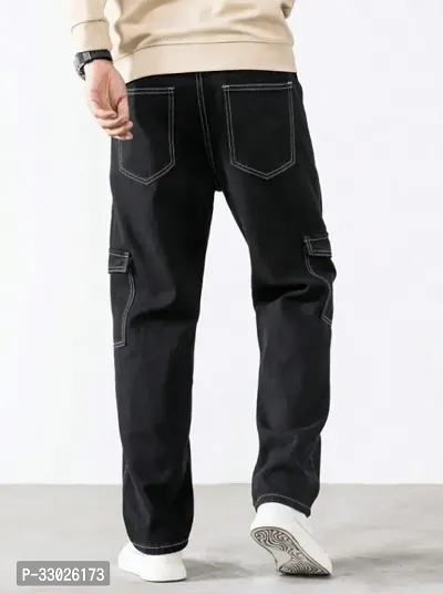 Stylish Black Denim Mid-Rise Cargos For Men-thumb2