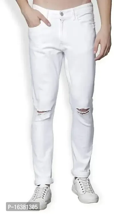 MEN KNEE SLIT WHITE JEANS-thumb0