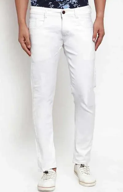 Stylish White Cotton Blend Mid-Rise Jeans For Men