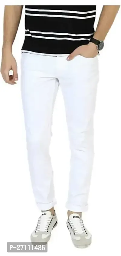 Stylish White Cotton Blend Mid-Rise Jeans For Men-thumb0