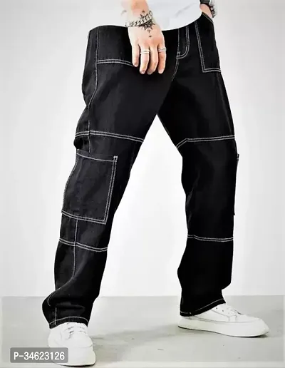 Stylish Black Denim Cargos For Men-thumb0