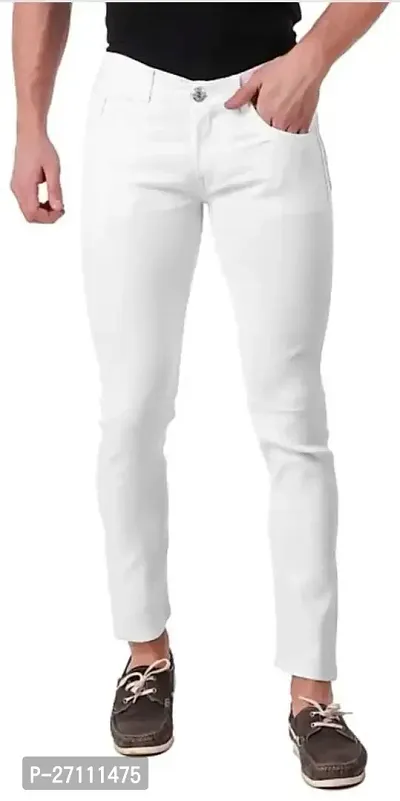 Stylish White Cotton Blend Mid-Rise Jeans For Men-thumb0