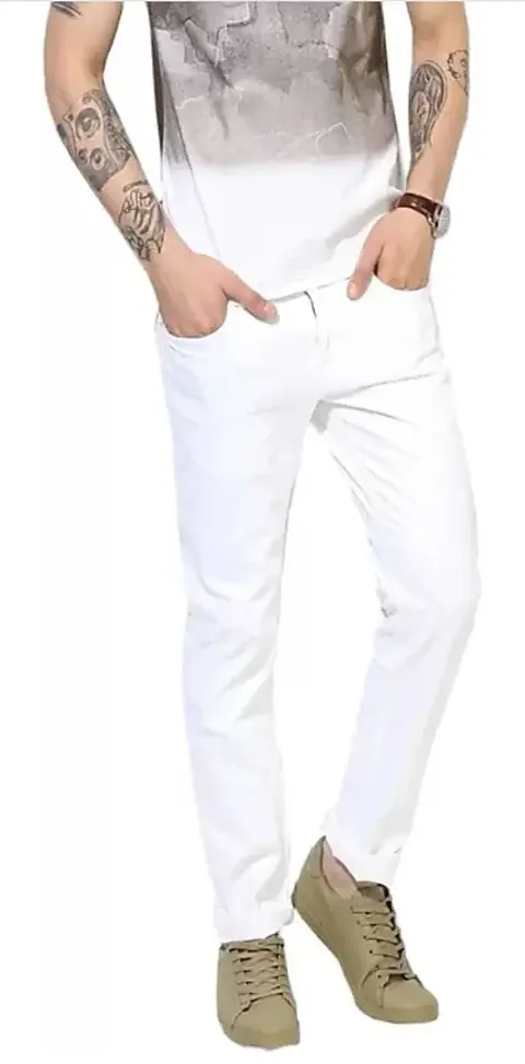 Stylish White Cotton Blend Mid-Rise Jeans For Men