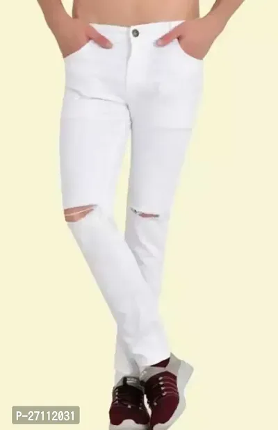 Stylish White Cotton Blend Mid-Rise Jeans For Men-thumb0