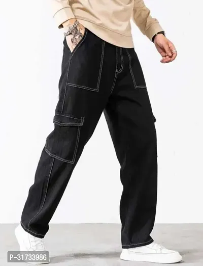 Stylish Black Cotton Blend Solid Cargos For Men-thumb0