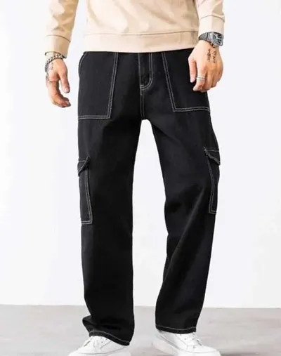 Stylish Black Denim Solid Cargos For Men