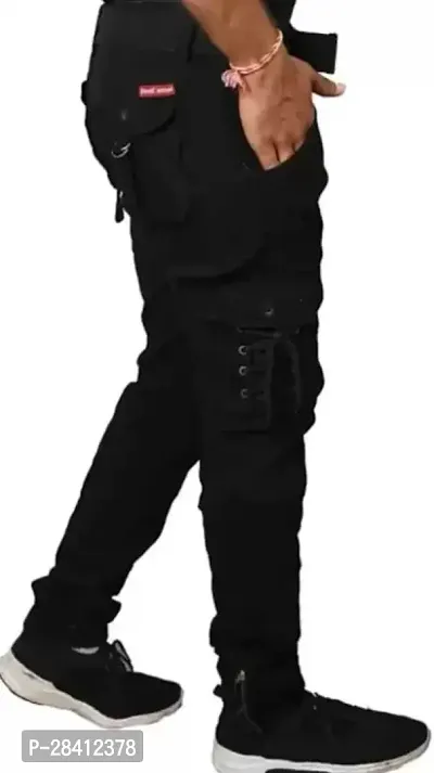 Stylish Black Cotton Blend Regular Fit Solid Cargo Pant For Men-thumb3