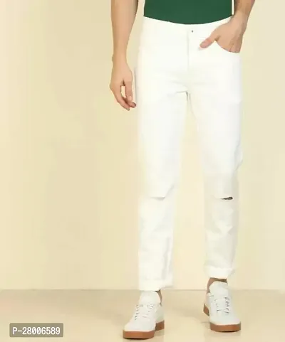 Stylish White Cotton Blend Solid Mid-Rise Jeans For Men