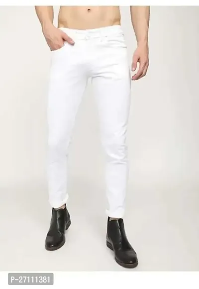 Stylish White Cotton Blend Mid-Rise Jeans For Men-thumb0