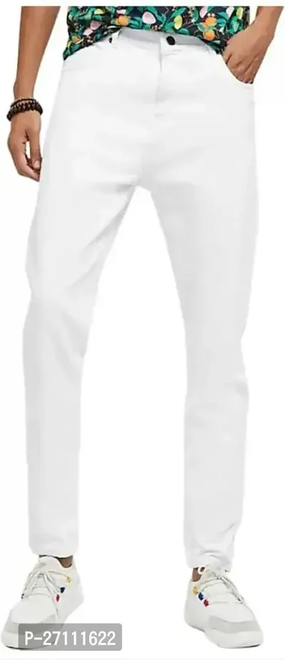 Stylish White Cotton Blend Mid-Rise Jeans For Men-thumb0