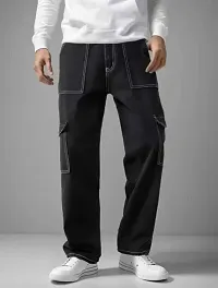 Stylish Black Cotton Blend Solid Cargos For Men-thumb2