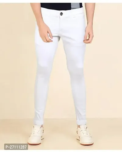 Stylish White Cotton Blend Mid-Rise Jeans For Men