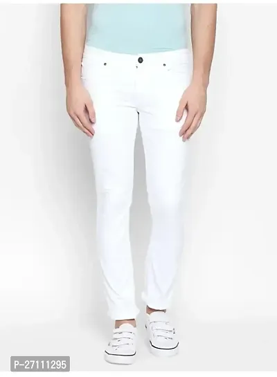 Stylish White Cotton Blend Mid-Rise Jeans For Men-thumb0