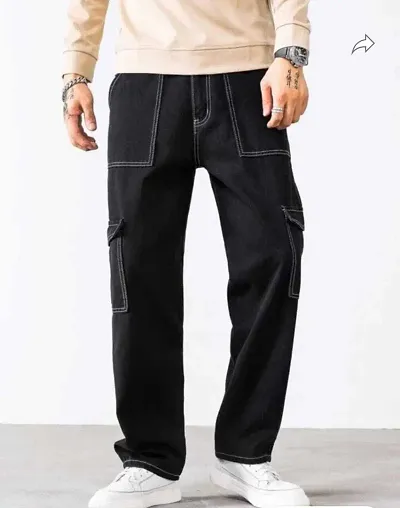 Stylish Black Denim Solid Cargos For Men