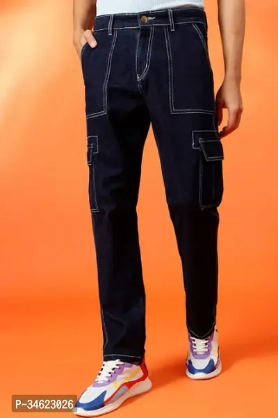 Stylish Black Denim Cargos For Men-thumb0