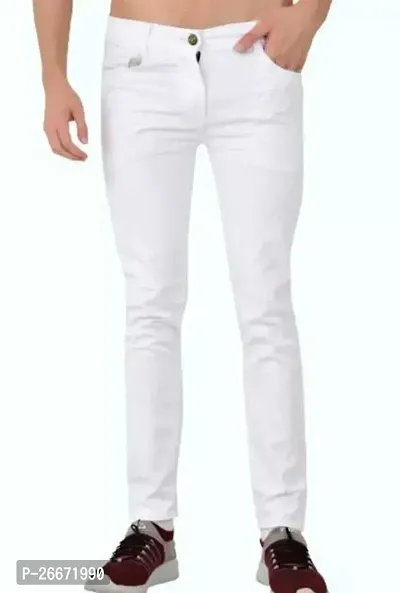 Stylish White Cotton Blend Mid-Rise Jeans For Men