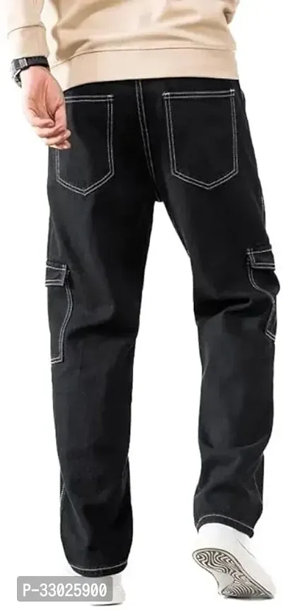 Stylish Black Cotton Blend Mid-Rise Cargos For Men-thumb2