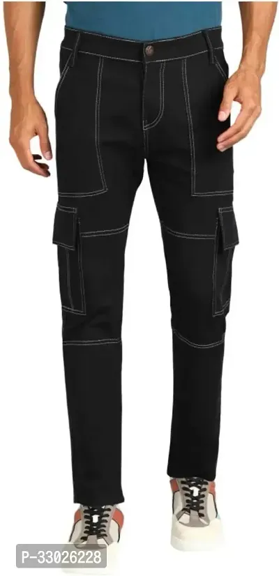 Stylish Black Cotton Blend Mid-Rise Cargos For Men-thumb0