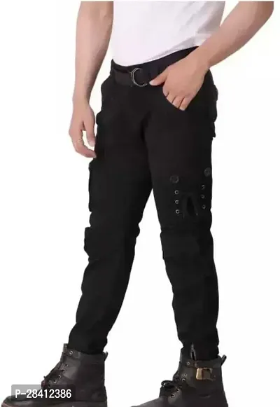 Stylish Black Cotton Blend Regular Fit Solid Cargo Pant For Men-thumb3