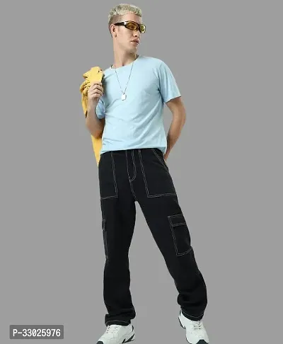 Stylish Black Denim Mid-Rise Cargos For Men-thumb0