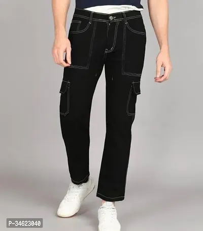 Stylish Black Denim Cargos For Men-thumb0