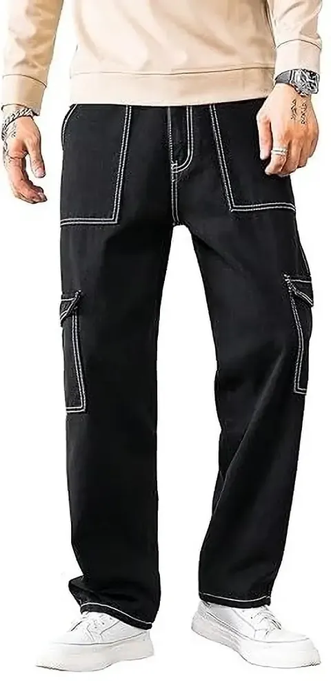 Stylish Black Denim Solid Cargos For Men