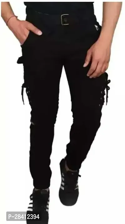 Stylish Black Cotton Blend Regular Fit Solid Cargo Pant For Men-thumb0