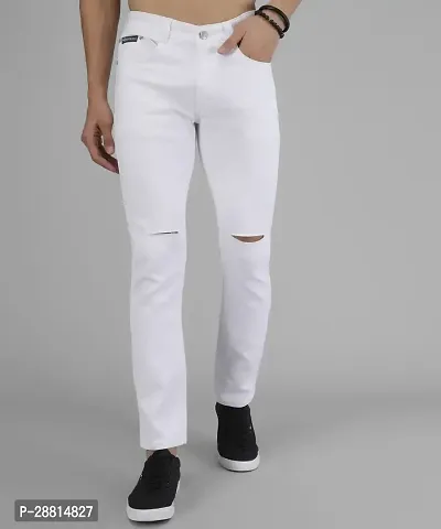 Bestloo Stylish White Cotton Blend Mid-Rise Jeans For Men-thumb0