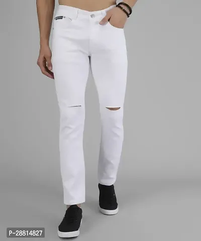 Bestloo Stylish White Cotton Blend Mid-Rise Jeans For Men