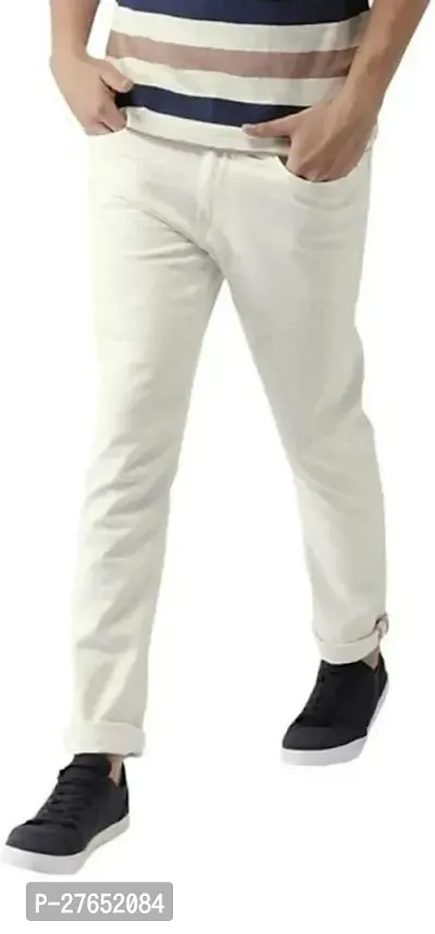 Elegant White Denim Solid Jeans For Men-thumb0