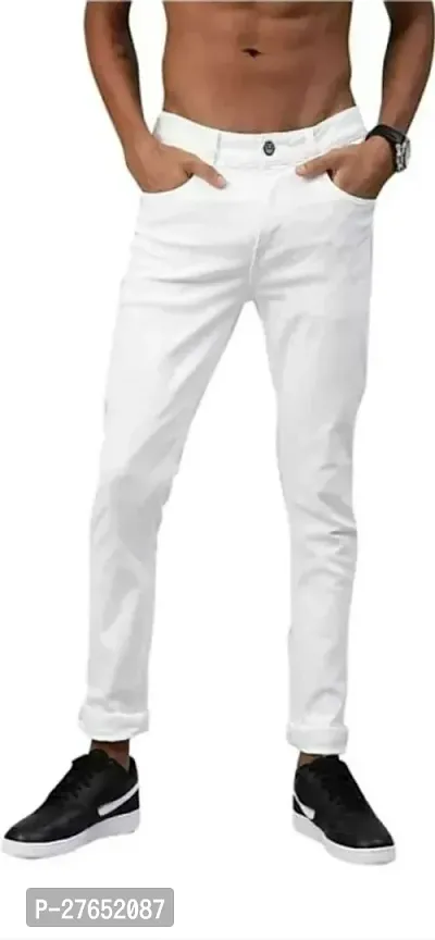 Elegant White Denim Solid Jeans For Men-thumb0