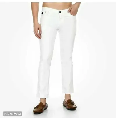 Elegant White Denim Solid Jeans For Men-thumb0