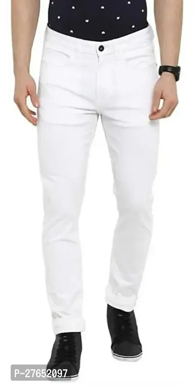 Elegant White Denim Solid Jeans For Men-thumb0