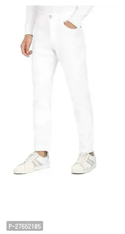 Elegant White Denim Solid Jeans For Men-thumb0