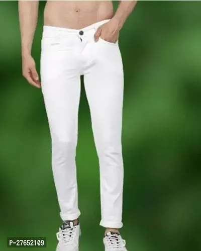 Elegant White Denim Solid Jeans For Men-thumb0