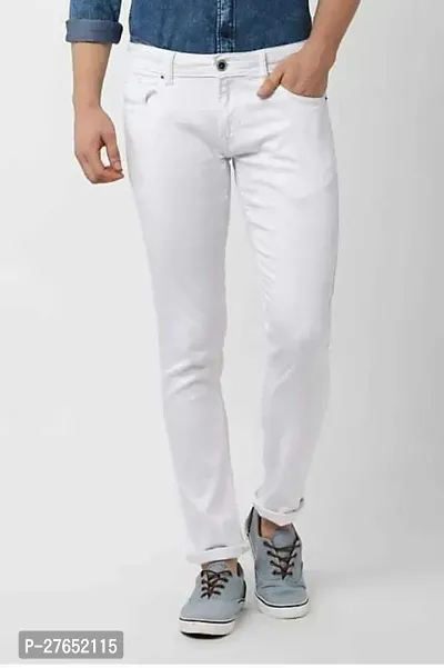 Elegant White Denim Solid Jeans For Men-thumb0