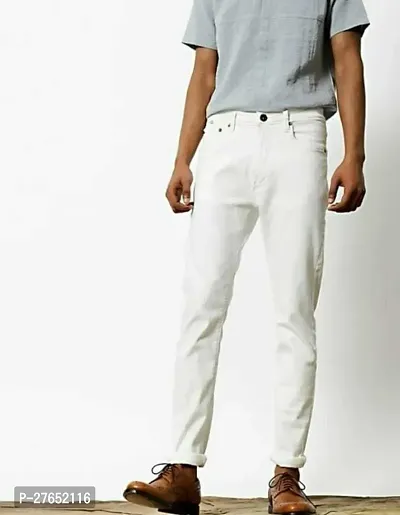 Elegant White Denim Solid Jeans For Men